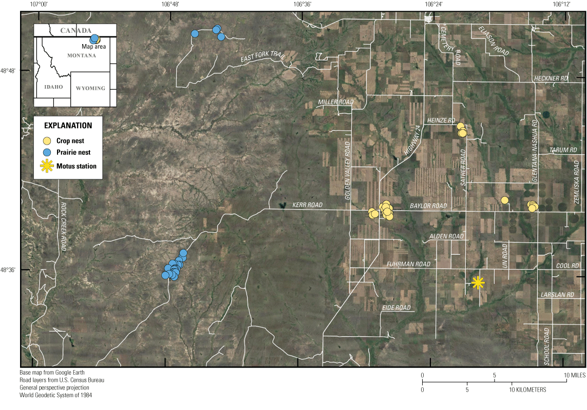 A map showing dots representing study locations in prairies and croplands.