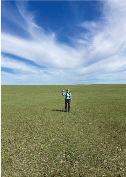 A person stands in short grass looking at a small piece of equipment in their hands.