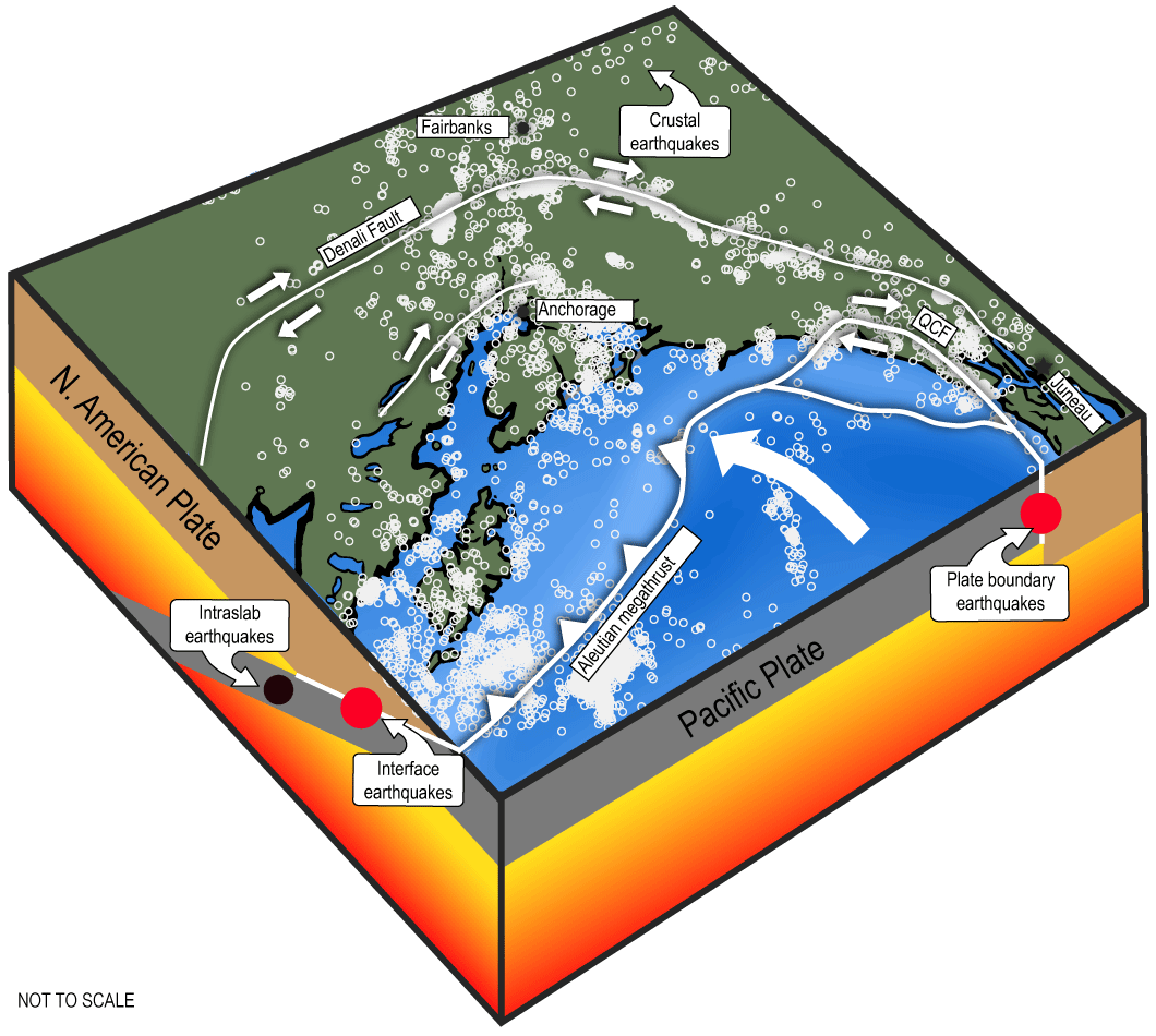 The motion of the Pacific and North American Plates leads to plate interface, intraslab,
and crustal earthquakes in Alaska.