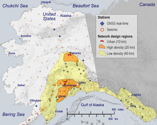 Seismic station spacing is designed to have highest density around the urban regions
of Fairbanks and Anchorage; station spacing has lower density in the surrounding regions.