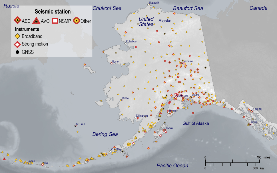 Broadband stations are currently spread over the whole state; strong motion is more
concentrated in the regions surrounding Anchorage and Fairbanks.