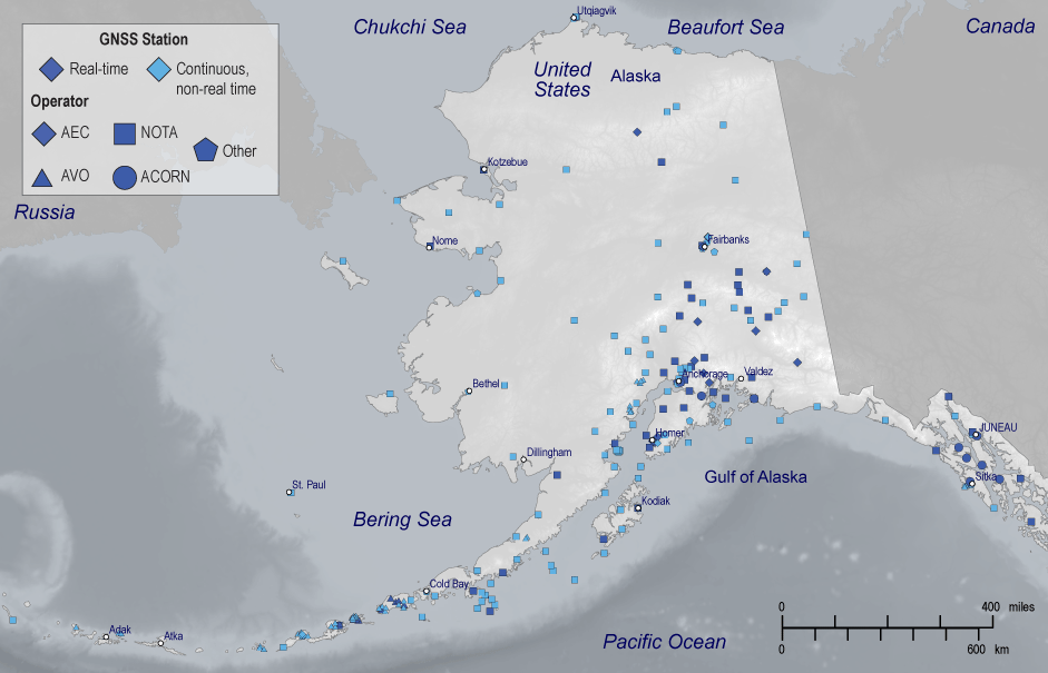 Real-time global navigation satellite system (GNSS) stations in Alaska are more concentrated
surrounding Anchorage; continuous, non-real-time stations are spread out farther in
the State.