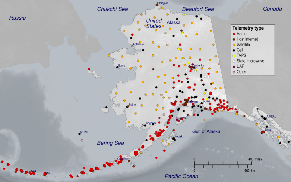 Stations using cell and radio communications are mostly concentrated in southern and
southeast Alaska, with stations using radio also spread throughout the Aleutian Islands;
stations using satellite communications are mostly spread across the Alaska interior
and northern Alaska.
