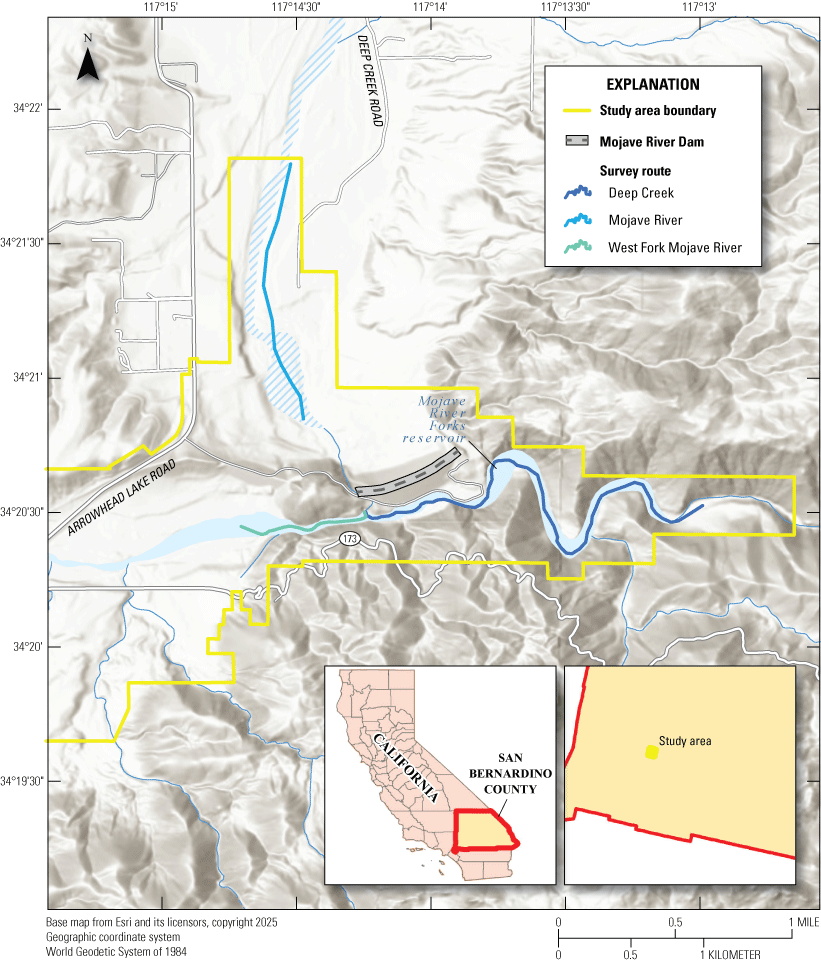 1.	Least Bell’s Vireo and Southwestern Willow Flycatcher study area on a map. Colored
                        lines describe three survey routes.