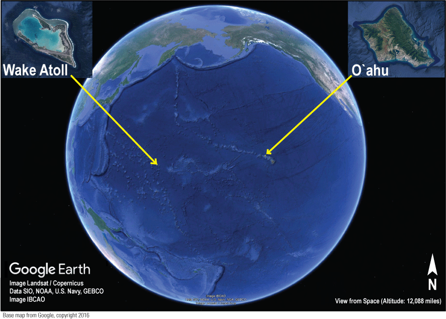 1. Earth seen from space overlain with insets showing closeups of Wake Atoll and O`ahu,
Hawai`i, and arrows pointing to their locations on Earth.