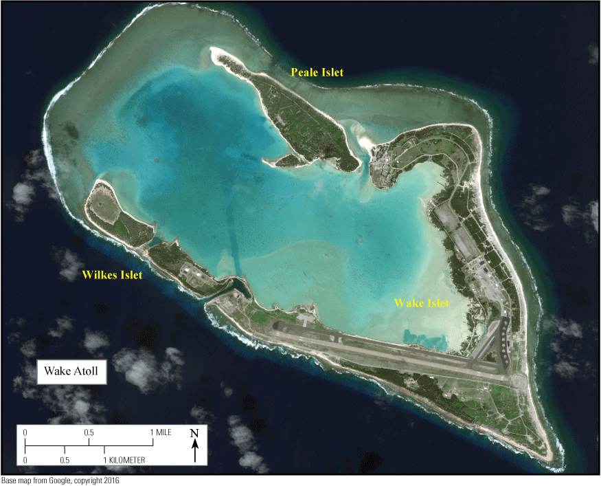 2. Wake Atoll, as seen from above with Wake, Peale, and Wilkes Islets labeled.