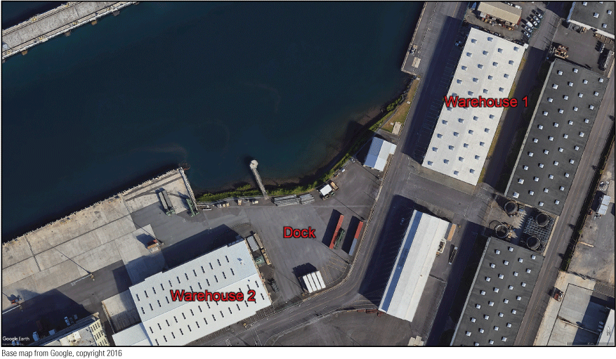 4. Overhead view of shoreline where the dock and warehouses are located.