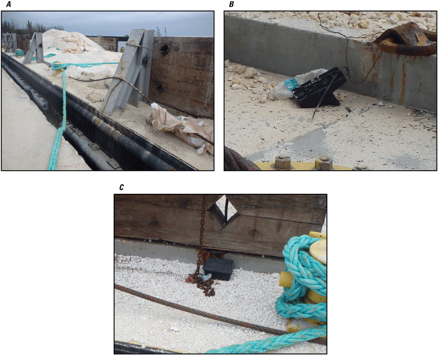 32. Photographs showing dock line missing rat guard, un-set snap trap with no bait
station, and rodent bait station aligned correctly.