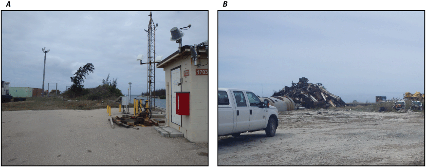 34. Photographs showing vegetation and wood piled on dock, and refuse pile near dock
area.