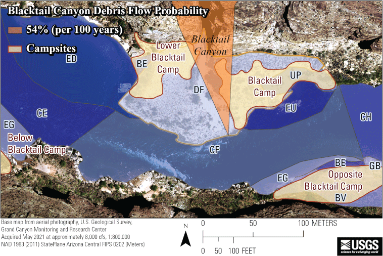 Aerial photography of the Colorado River in Grand Canyon with polygons and labels
depicting geomorphic unit types overlaid by river campsite polygons and a tributary
watershed boundary polygon