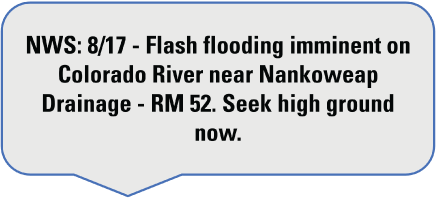 Graphical depiction of alert text issued from the Grand Canyon River Alert System