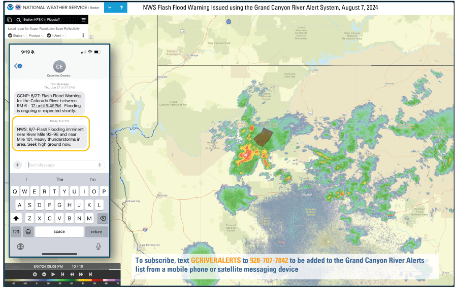 Map of the Grand Canyon region with adjacent screen capture of a mobile phone that
shows the receipt of a Grand Canyon River Alert System weather-related alert