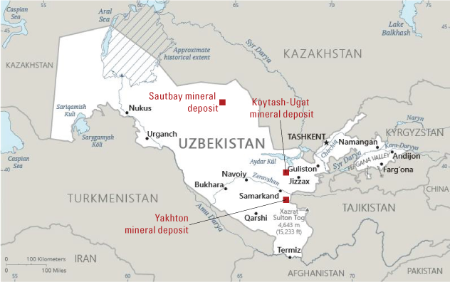 The studied mineral deposits are located in south-central, central, and north-dcentral
                     Uzbekistan.