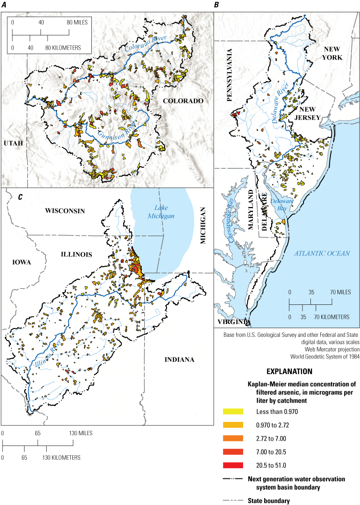 Map of the study area highlighting the catchment specific median concentrations of
                     filtered arsenic.