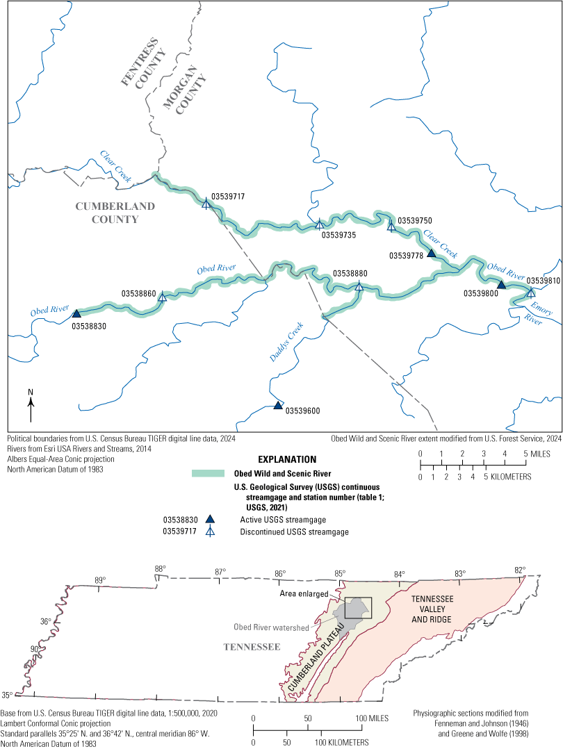 Four active U.S. Geological Survey streamgages are near or within the Obed Wild and
Scenic River