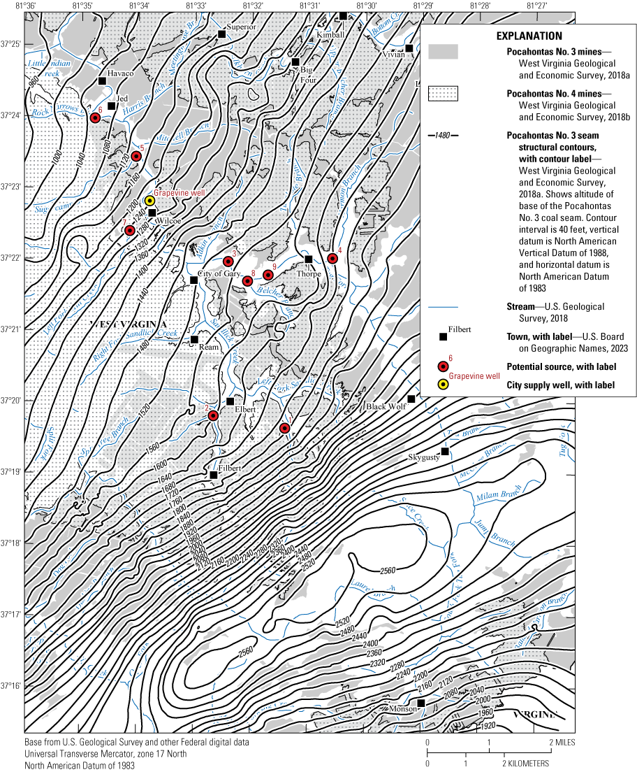 Coal seams cover the entire map. The sites sampled are in the north and center of
                     the map.