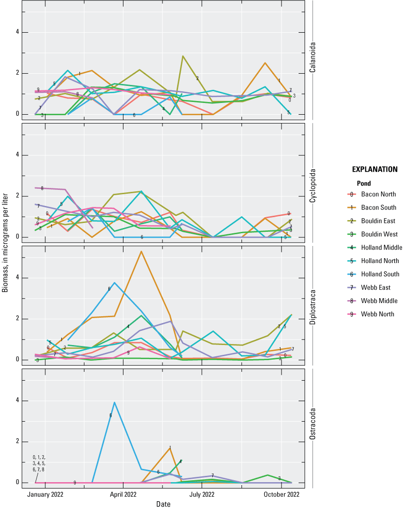 9. Zooplankton communities in the ponds consisted mostly of copepods.