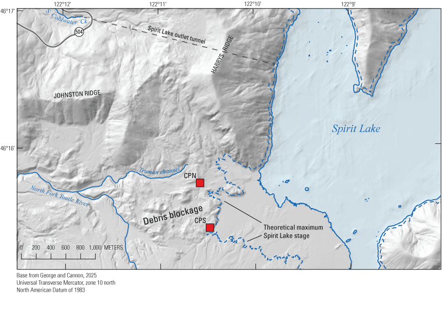 2. The critical points are along the crest of the debris blockage, which is acting
as a dam for Spirit Lake