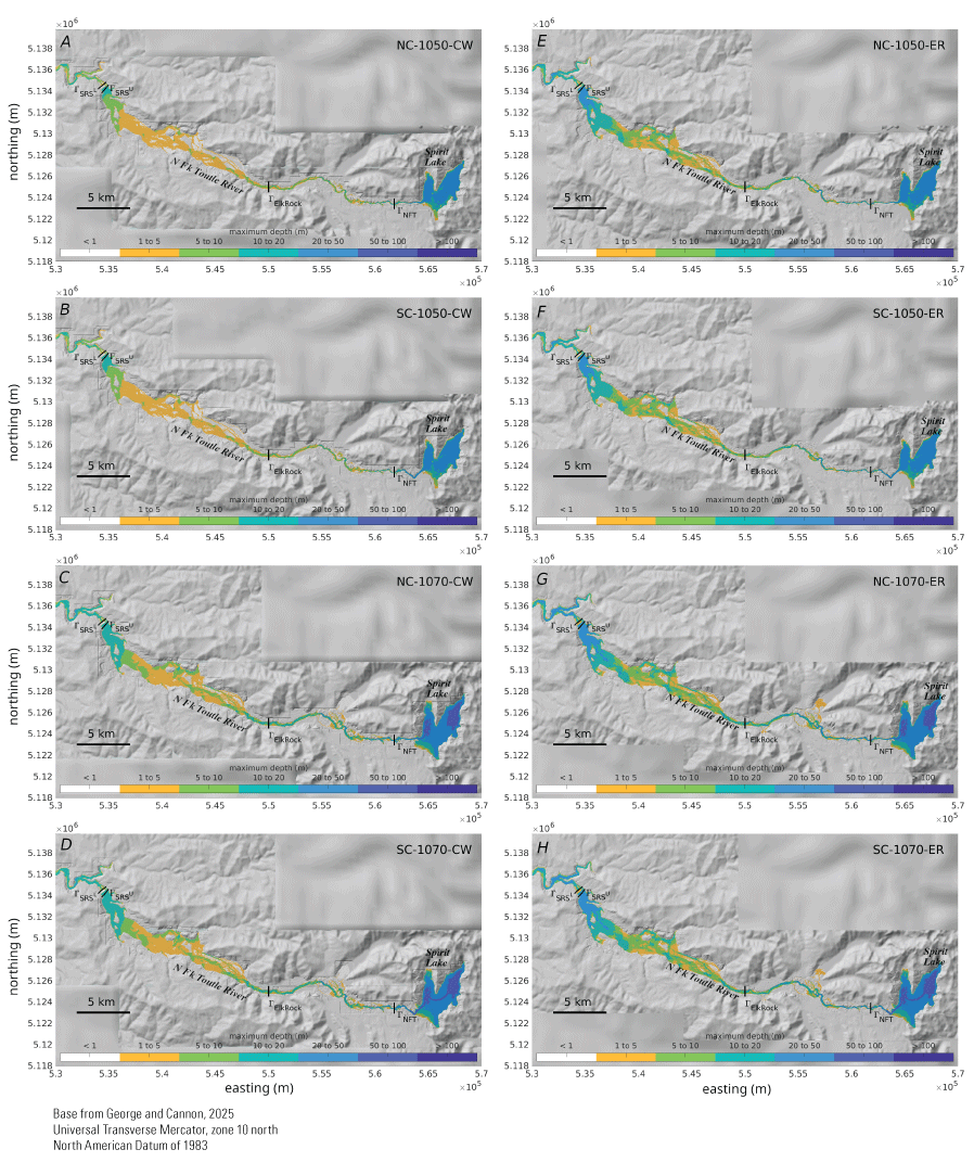 12. Flow depth scenarios along North Fork Toutle River between Spirit Lake and the
sediment retention structure
