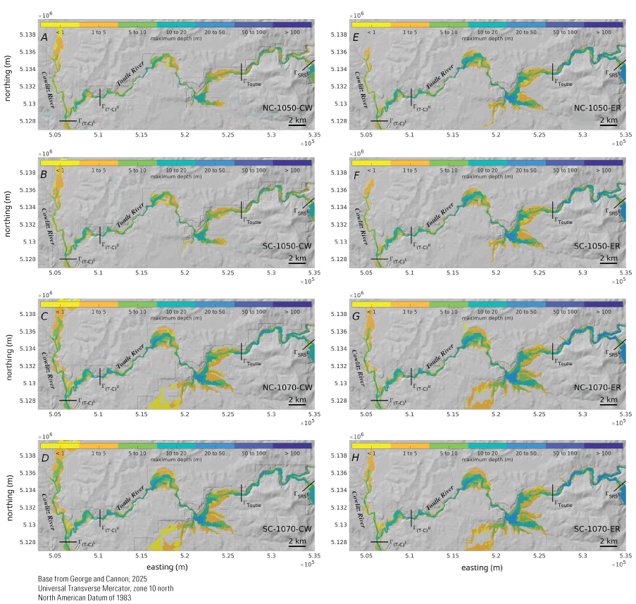 14. Maximum flow depth scenarios along North Fork Toutle River between Spirit Lake
and the sediment retention structure