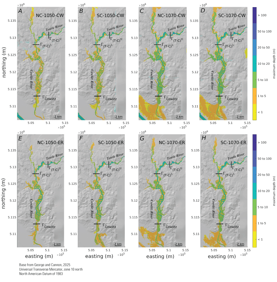 15. Maximum flow depth scenarios along the Toutle and Cowlitz Rivers