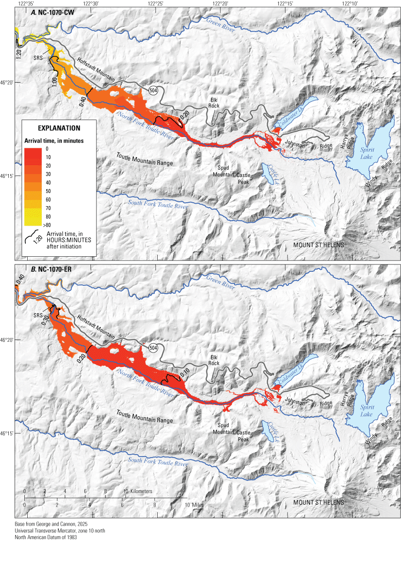 26. Simulated arrival times and locations of flooding along the North Fork Toutle
River