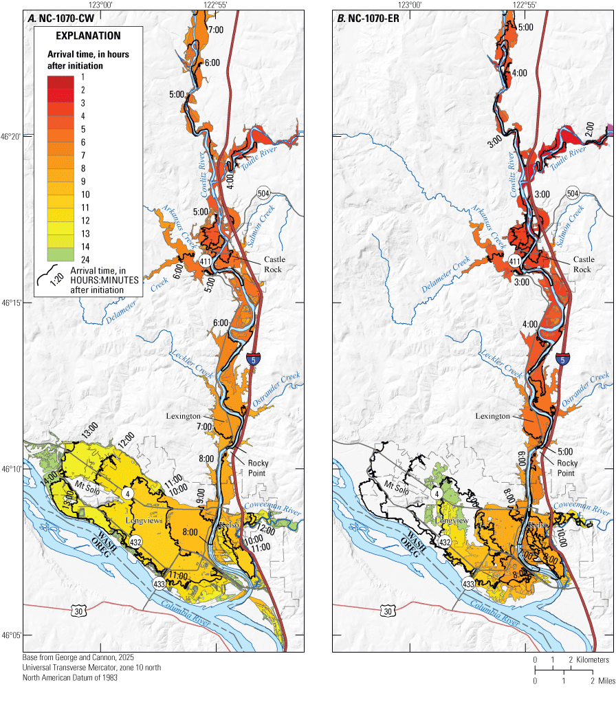27. Simulated arrival times and locations of flooding along the Cowlitz River