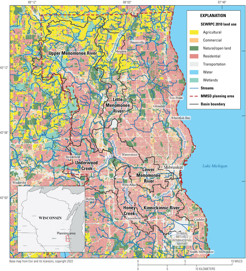 Map of study area highlighting labeled rivers and creeks, with colored boundaries
representing seven distinct land use types.