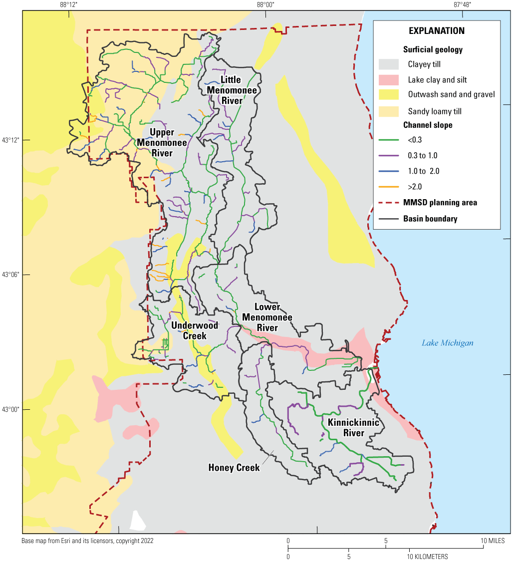 Map of study area showing distribution channel slopes, with colored boundaries indicating
four distinct surficial geology types.