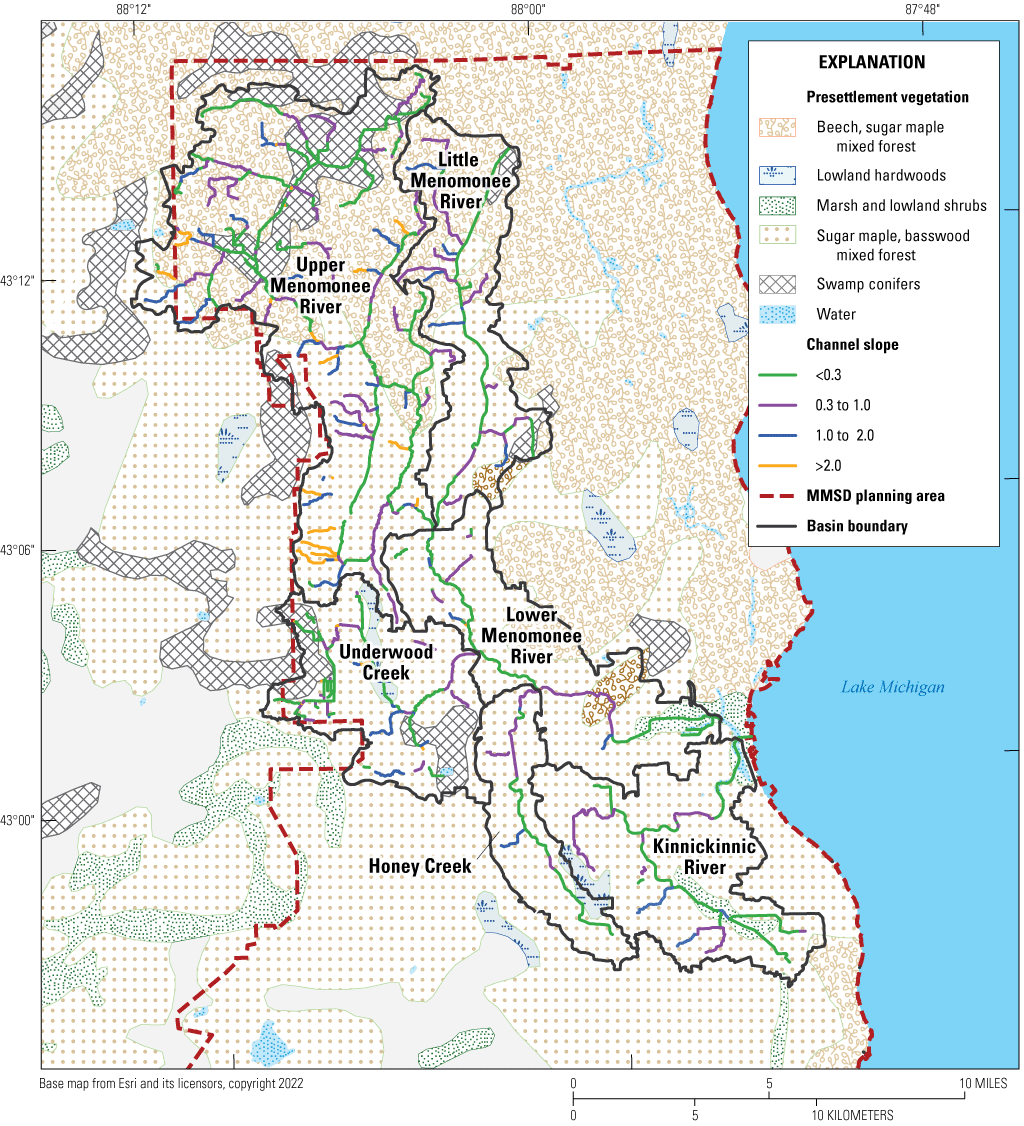 Map of study area showing distribution channel slopes, with boundaries representing
five distinct presettlement vegetation types.