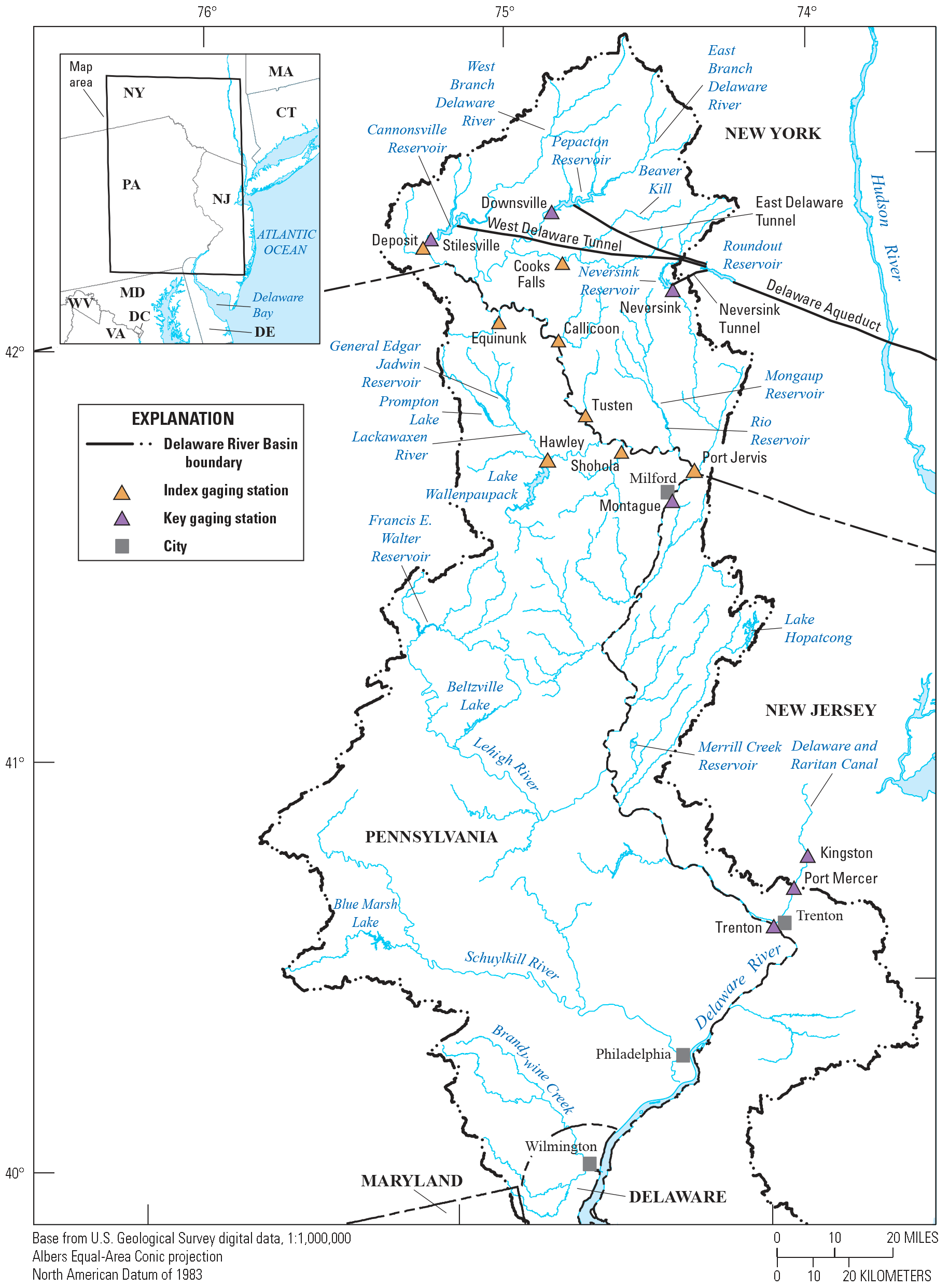 East and West Delaware Tunnels, Delaware Aqueduct, and Delaware River Basin rivers,
lakes, and reservoirs are also shown.