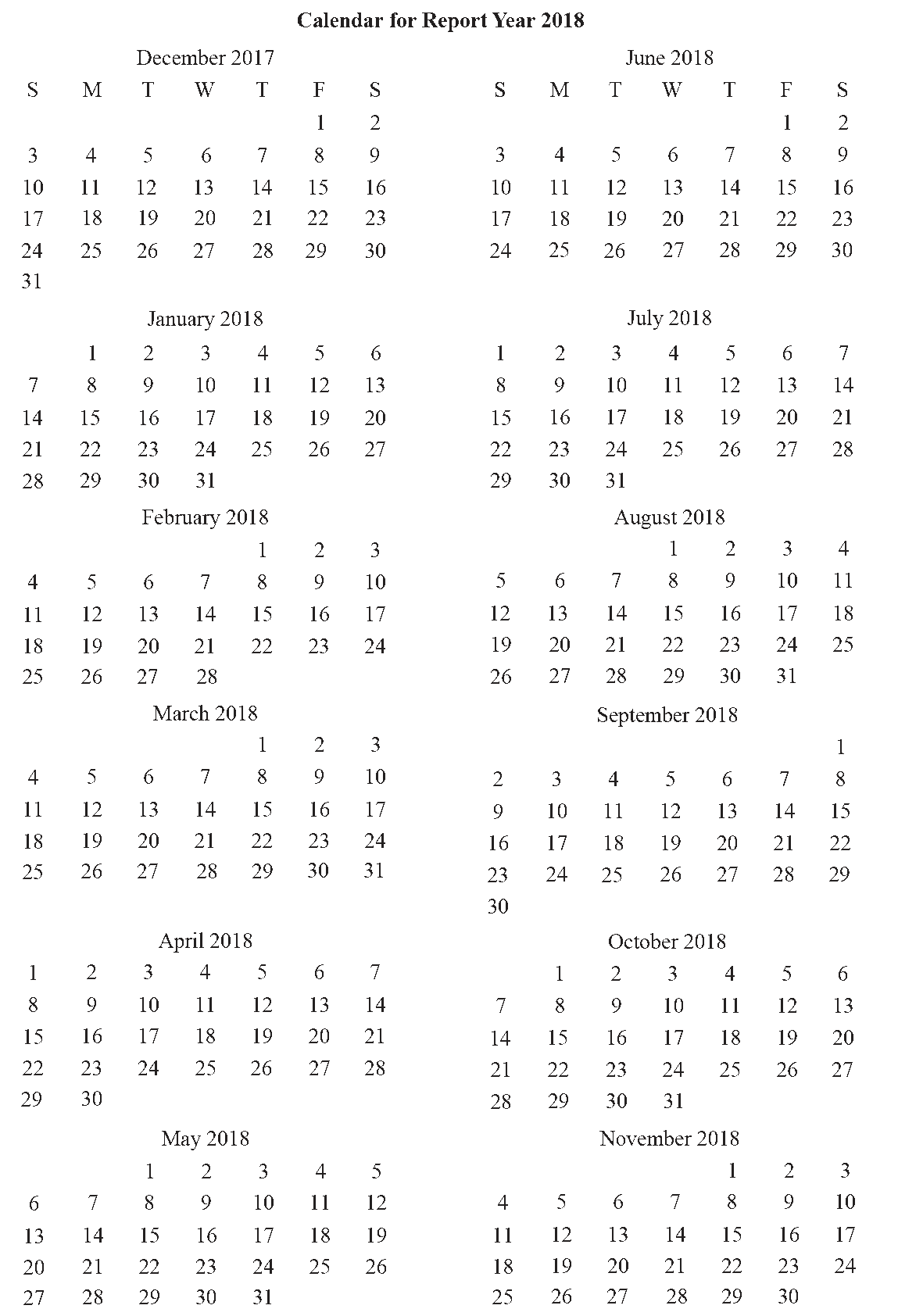 Monthly calendar for December 2017 through November 2018.
