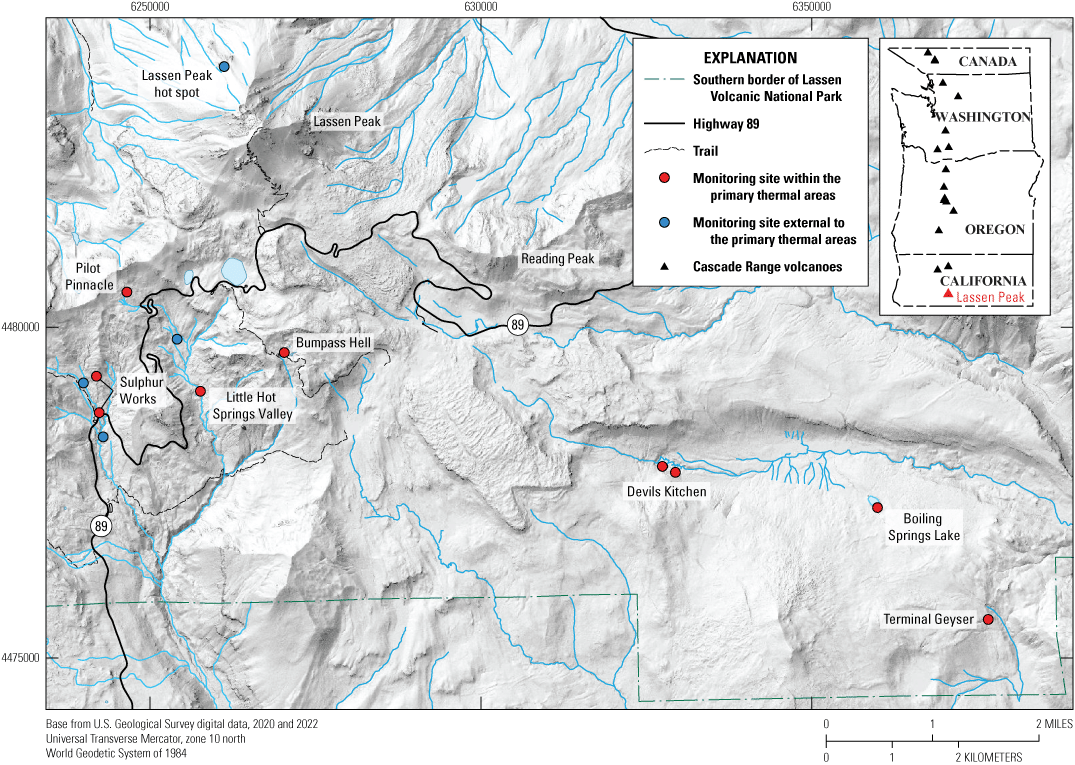 Map of Lassen gas sample sites with thermal-area monitors, other sites, major roads,
                     trails, park boundary, and Cascade inset.