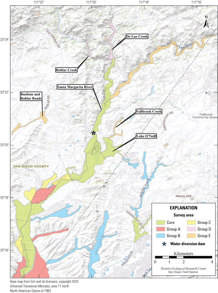 1.1. Topographic map showing colored polygons demarcating survey areas.