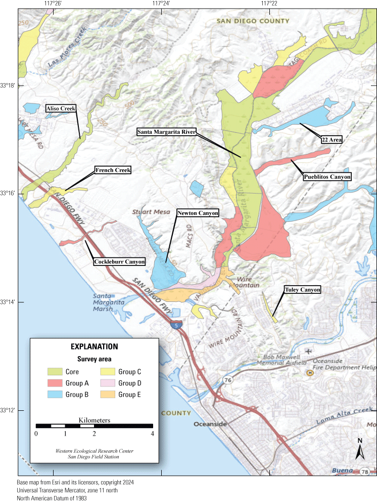 1.2. Topographic map showing colored polygons demarcating survey areas.