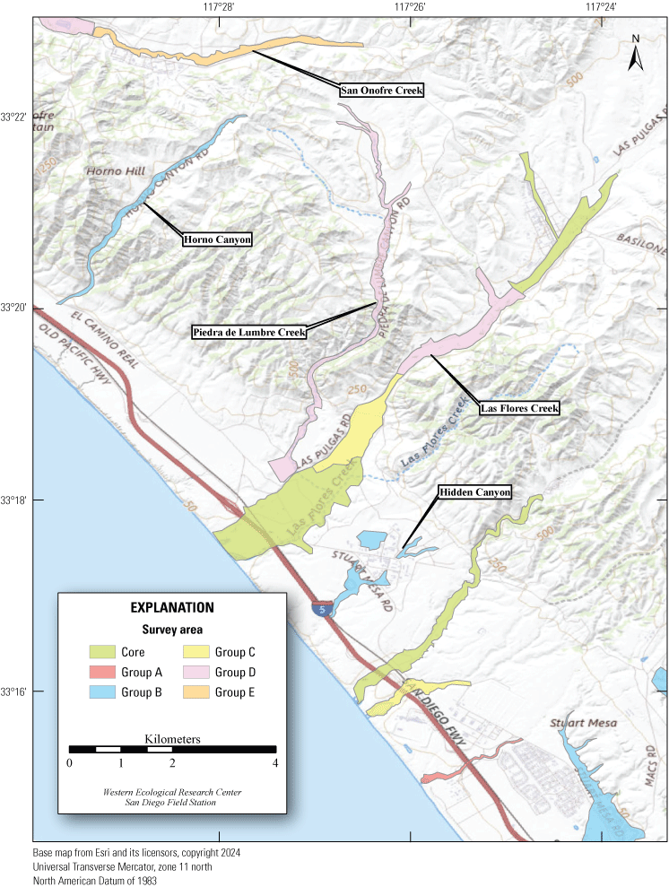 1.3. Topographic map showing colored polygons demarcating survey areas.