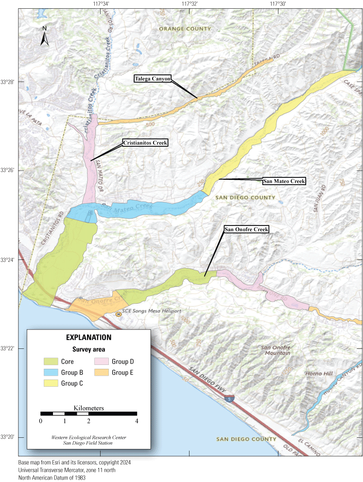1.4. Topographic map showing colored polygons demarcating survey areas.