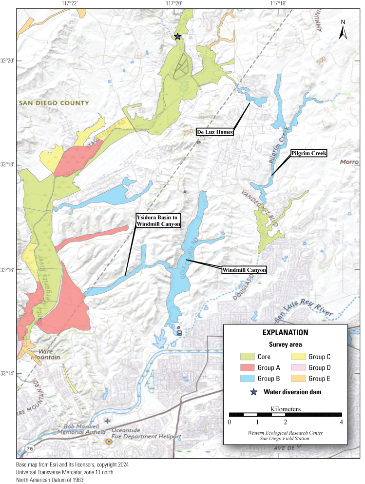 1.5. Topographic map showing colored polygons demarcating survey areas.