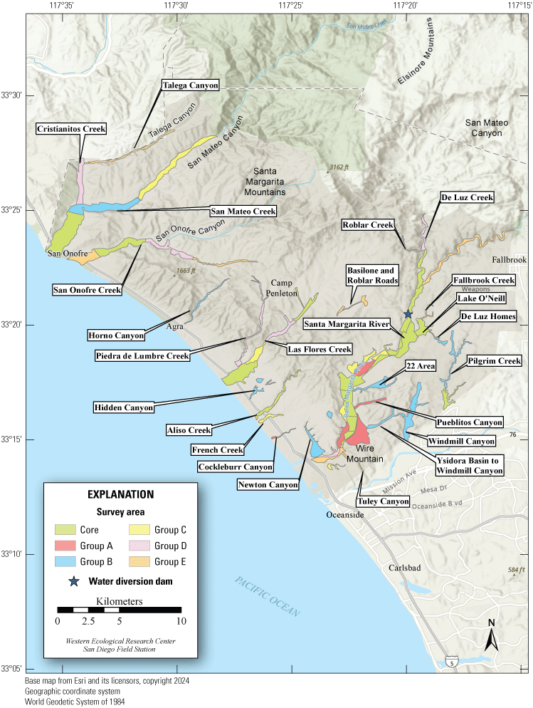 1. Camp Pendleton with colored polygons depicting survey areas.