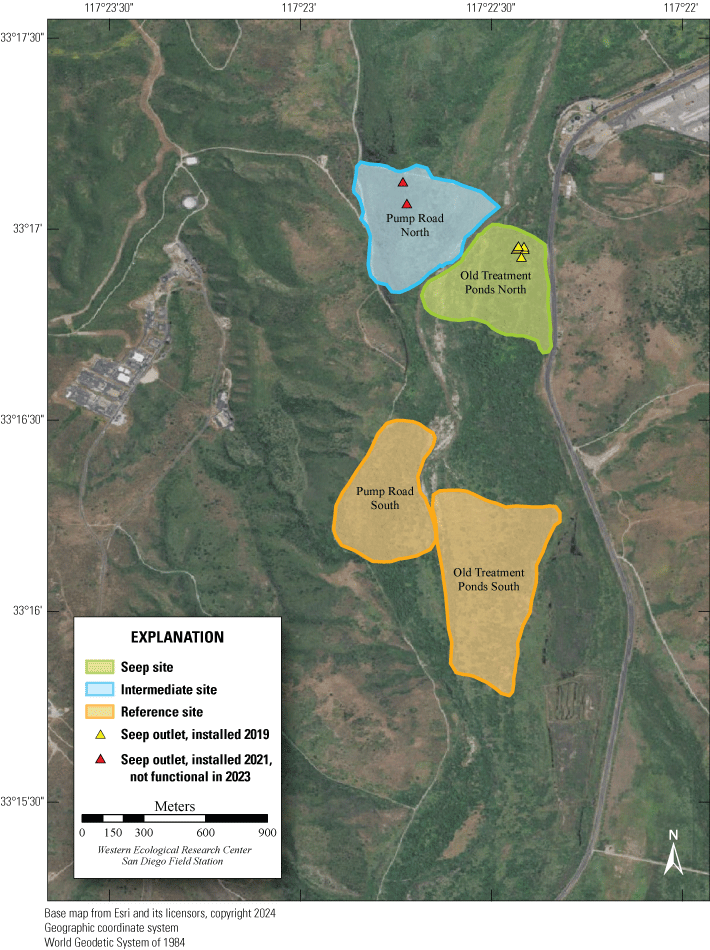 2. Aerial map of Santa Margarita River, colored polygons are nest monitoring sites
                        and colored triangles are seep pump outlets.