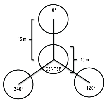 3. Three circles at equidistant compass points from a central circle, diameter and
                           distance between centers of circles indicated.