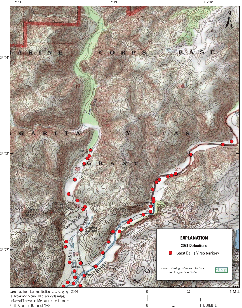 4.1. Topographic map showing colored markers for vireo territories.