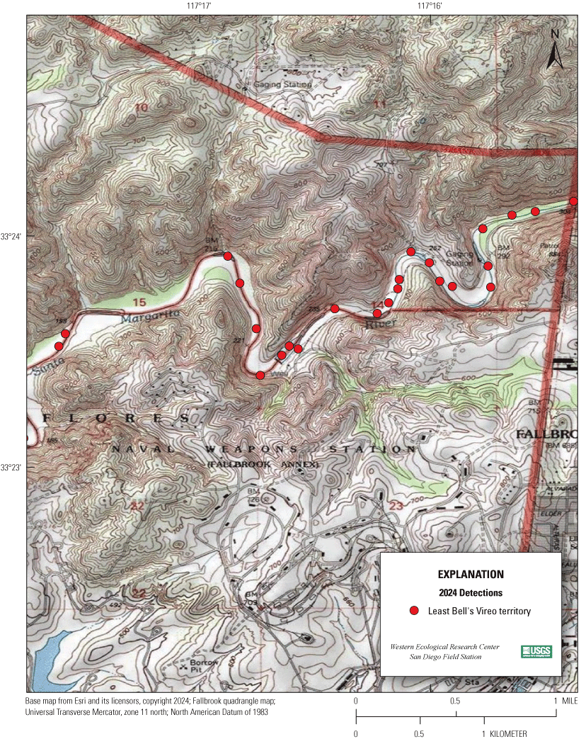 4.2. Topographic map showing colored markers for vireo territories.