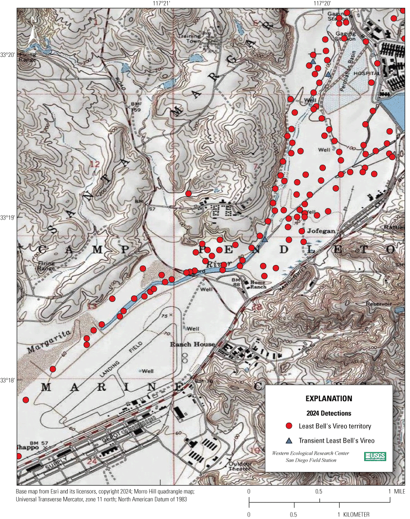 4.4. Topographic map showing colored markers for vireo territories.