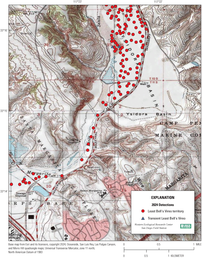 4.6. Topographic map showing colored markers for vireo territories.