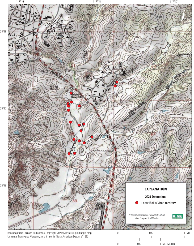 4.7. Topographic map showing colored markers for vireo territories.