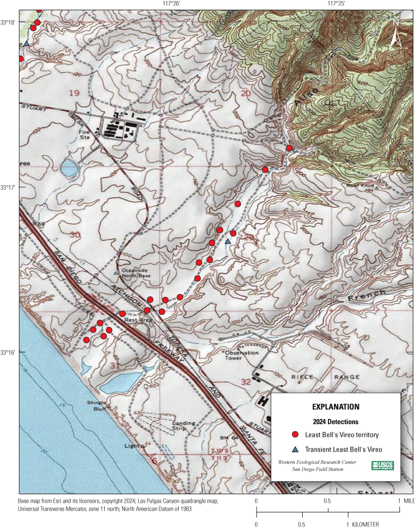 4.8. Topographic map showing colored markers for vireo territories.