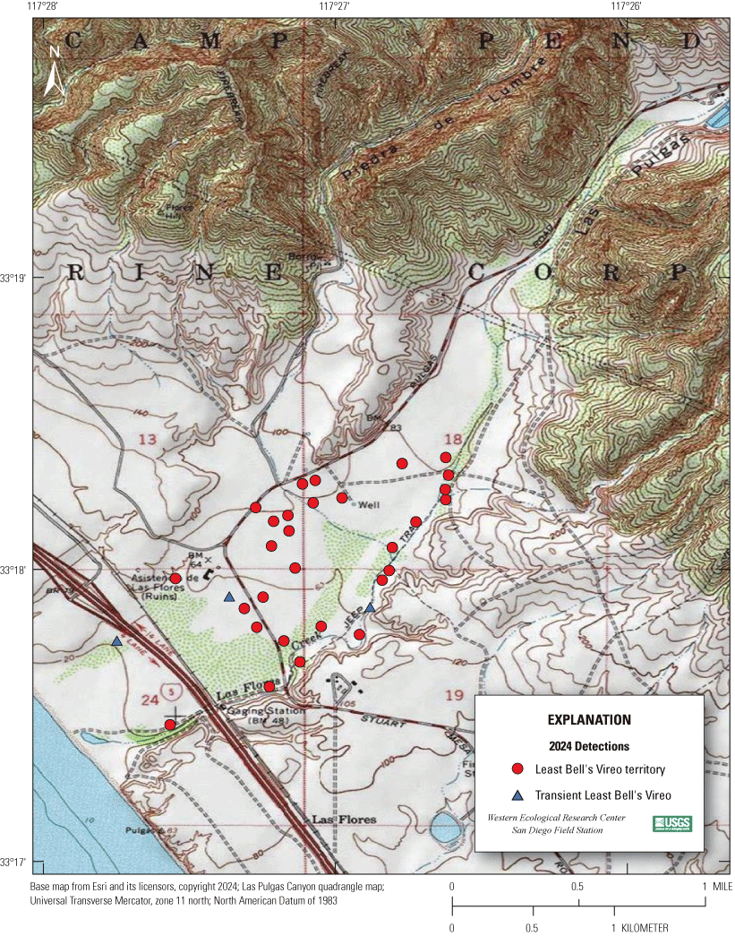 4.9. Topographic map showing colored markers for vireo territories.