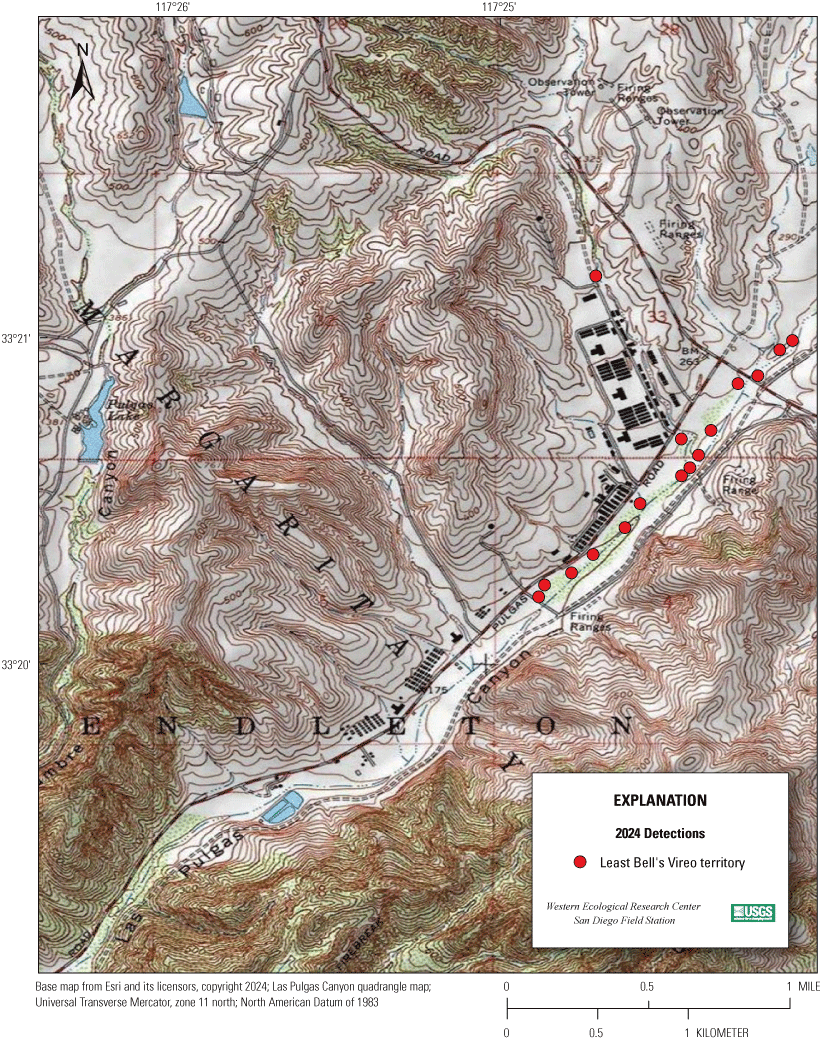 4.10. Topographic map showing colored markers for vireo territories.