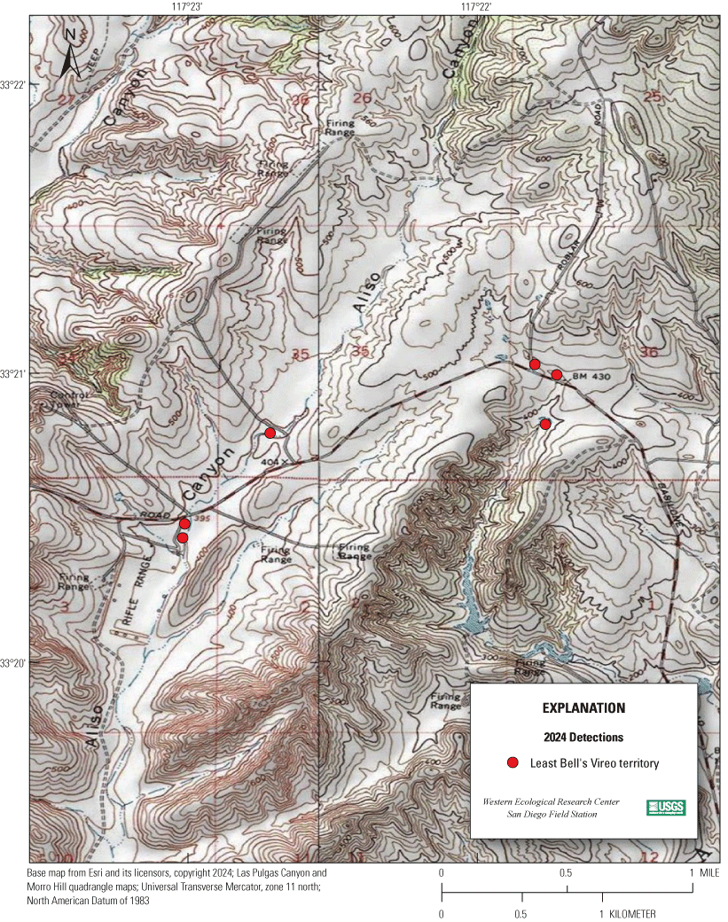 4.11. Topographic map showing colored markers for vireo territories.